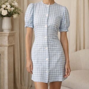SLEEPER Marie Linen Mini Dress Button Front | Size Small | Blue Vichy